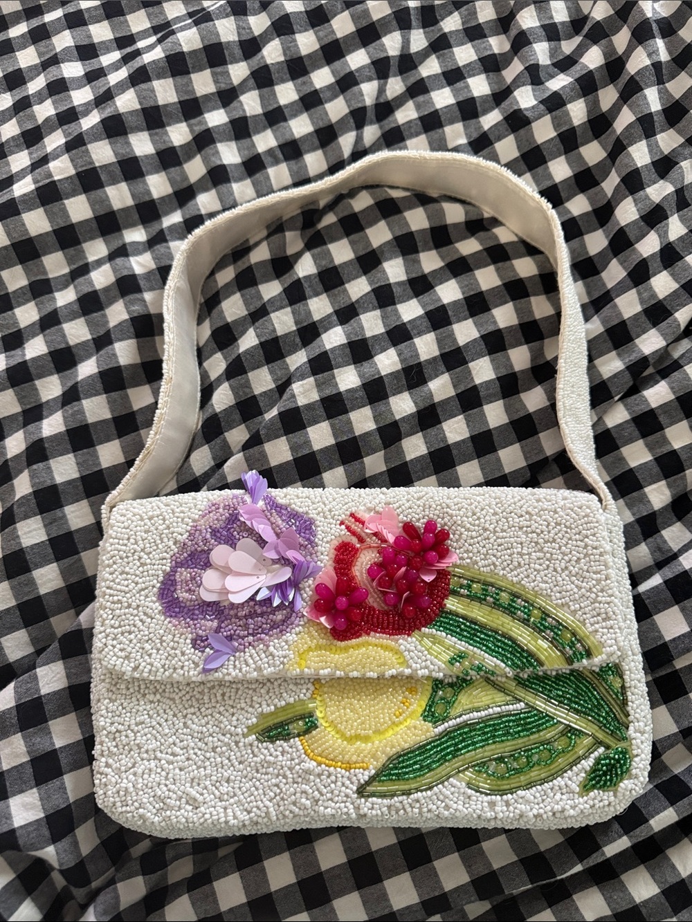 Beaded Floral White Shoulder Bag with Multicolor Embellishment